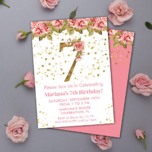 Invitación Pink Roses Floral Séptima fiesta de cumpleaños
