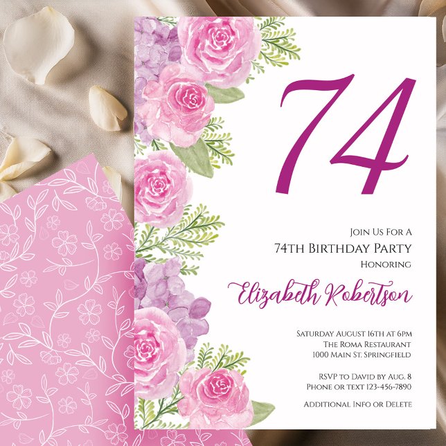 Invitación Pink Roses Floral Template 74th Birthday (Subido por el creador)