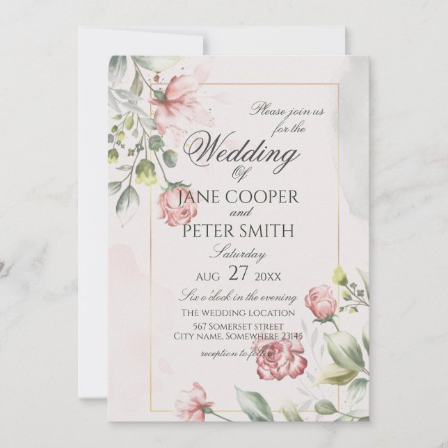 Invitación Pink Roses floral Wedding Invitation (Anverso)