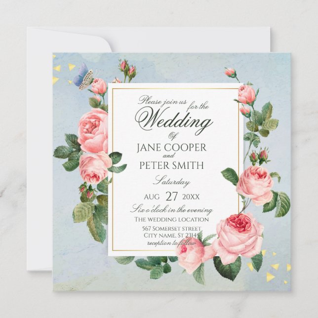 Invitación Pink Roses floral Wedding Invitation (Anverso)