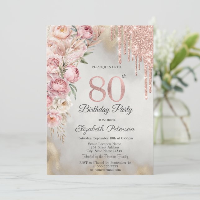 Invitación Pink Roses Glitter Drips Gold 80th Birthday   (Anverso de pie)