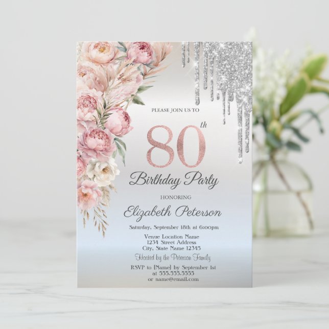 Invitación Pink Roses Glitter Drips Silver 80th Birthday   (Anverso de pie)