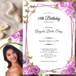 Invitación Pink Roses Gold Butterflies 18th Debut Birthday