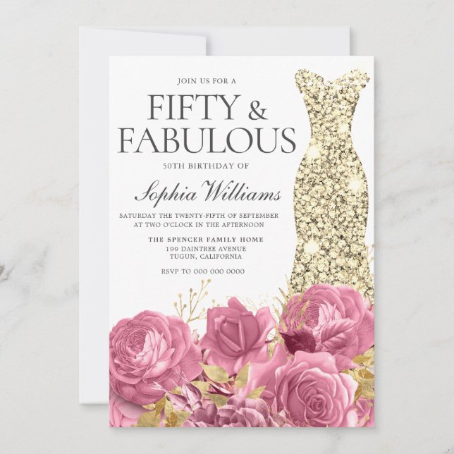 Invitación Pink Roses Golden Gown 50th Birthday Party (Anverso)