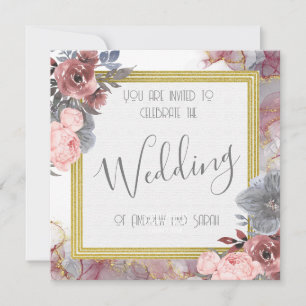 Invitación Pink Roses on gray with Gold