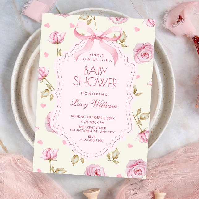 Invitación Pink roses pattern bow baby shower (Subido por el creador)
