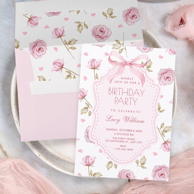 Invitación Pink roses pattern bow birthday (Subido por el creador)