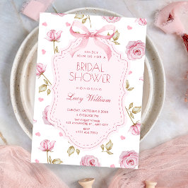 Invitación Pink roses pattern bow bridal shower