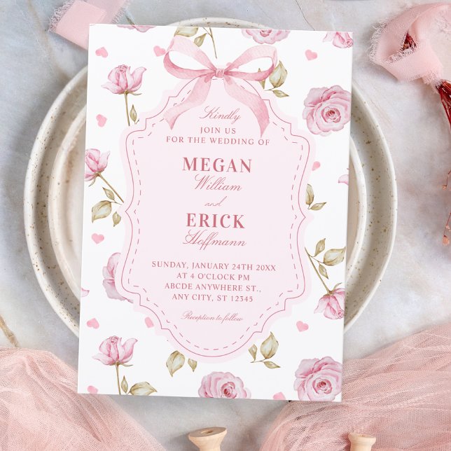 Invitación Pink roses pattern bow wedding (Subido por el creador)