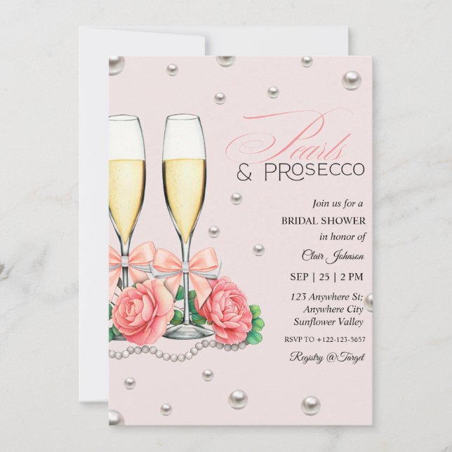 Invitación Pink Roses Pearls and Prosecco Bridal Shower  (Anverso)