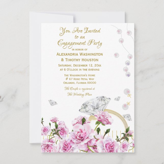 Invitación Pink Roses Pearls Diamond Ring Parejas Compromiso (Anverso)