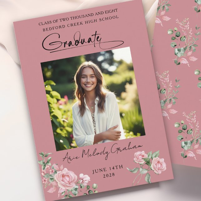 Invitación Pink Roses Script Photo Graduation Announcement (Subido por el creador)