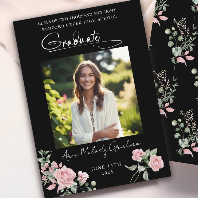 Invitación Pink Roses Script Photo Graduation Announcement (Subido por el creador)
