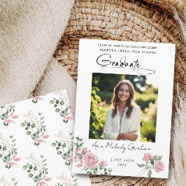 Invitación Pink Roses Script Photo Graduation Announcement
