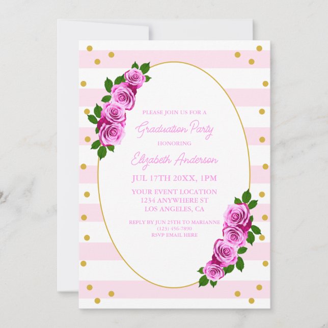 Invitación Pink Roses Striped Graduation Brunch (Anverso)