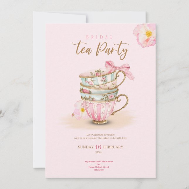 Invitación Pink roses tea party bridal shower chic invitation (Anverso)