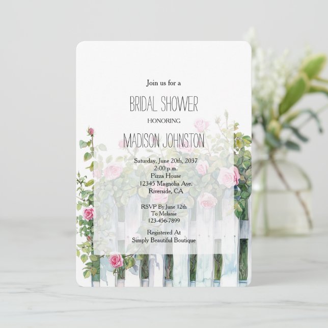 Invitación Pink Roses White Picket Fence Bridal Shower (Anverso de pie)