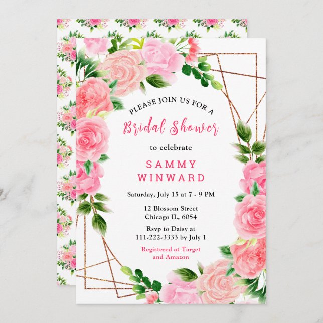 Invitación Pink Roses with Foliage Bridal Shower (Anverso / Reverso)