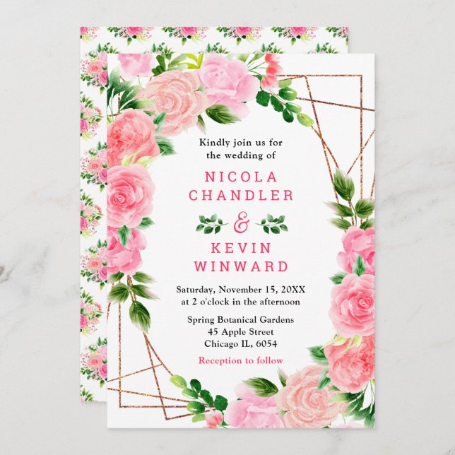 Invitación Pink Roses with Foliage Wedding (Anverso / Reverso)