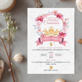 Invitación Pink Roses Wreath with Chalice First Communion