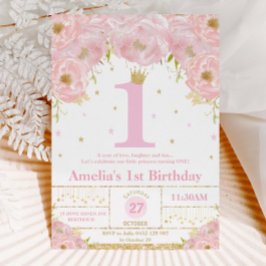Invitación Pink Rubor Floral Gold Princesa Chica de cumpleaño