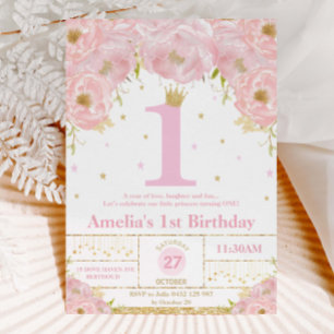 Invitación Pink Rubor Floral Gold Princesa Chica de cumpleaño
