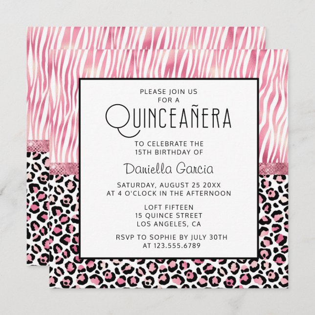 Invitación Pink Safari Tiger Leopardo Shimmer Quinceañera (Anverso / Reverso)