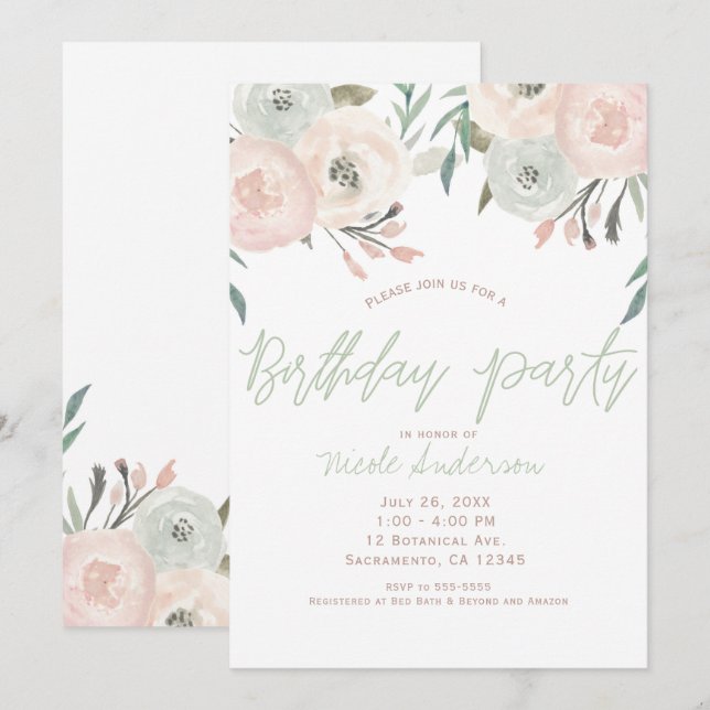 Invitación Pink Sage Mint Green Modern Floral Birday Party (Anverso / Reverso)