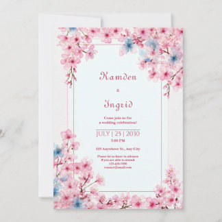 Invitación Pink Sakura Periwinkle Blue Romantic Frame Wedding