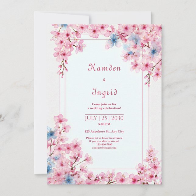 Invitación Pink Sakura Periwinkle Blue Romantic Frame Wedding (Anverso)