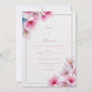Invitación Pink Sakura Textured Paper Gold Frame Wedding
