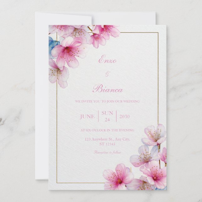 Invitación Pink Sakura Textured Paper Gold Frame Wedding (Anverso)