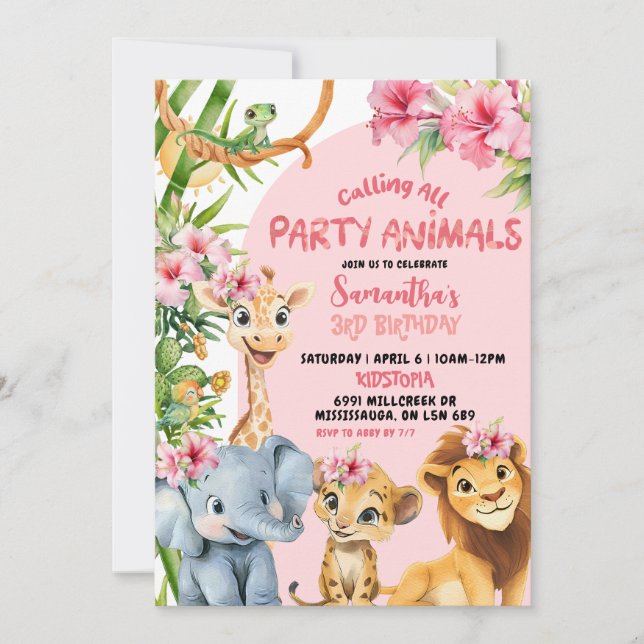 Invitación Pink Savannah Calling All Party Animals Birthday (Anverso)