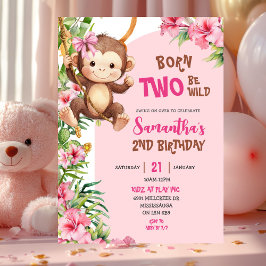 Invitación Pink Savannah Monkey Born Two Be Wild 2nd Birthday