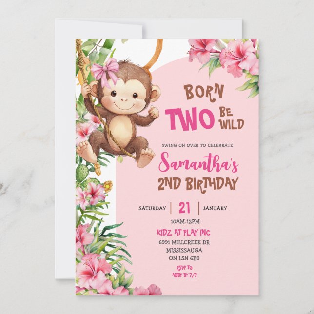 Invitación Pink Savannah Monkey Born Two Be Wild 2nd Birthday (Anverso)