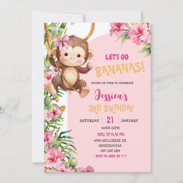 Invitación Pink Savannah Monkey Let's Go Bananas Birthday (Anverso)