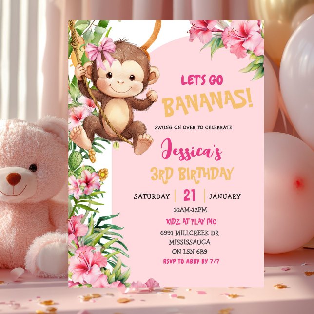 Invitación Pink Savannah Monkey Let's Go Bananas Birthday (Subido por el creador)