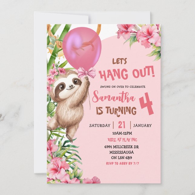 Invitación Pink Savannah Sloth Let's Hang Out Birthday (Anverso)