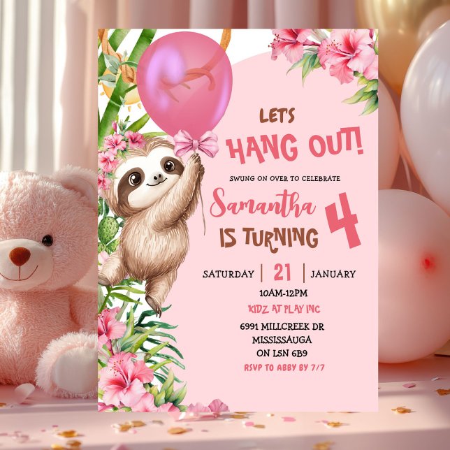 Invitación Pink Savannah Sloth Let's Hang Out Birthday (Subido por el creador)