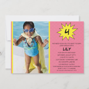 Invitación Pink Save the Day Superhero Photo Birthday Party