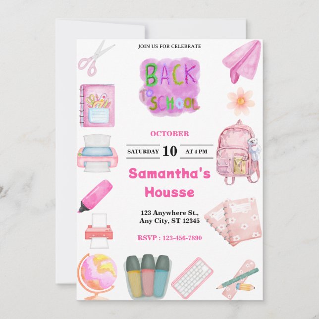 Invitación Pink School tools girl Birthday (Anverso)