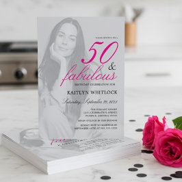 Invitación Pink Script 50 and Fabulous Photo Birthday Party
