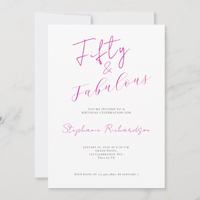 Invitación Pink Script Fifty and Fabulous 50th Birthday Party (Anverso)