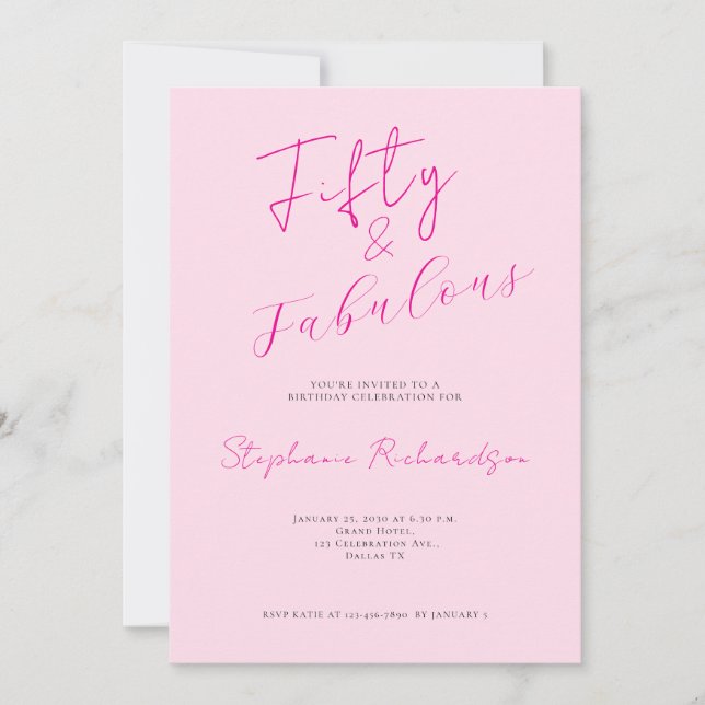 Invitación Pink Script Fifty and Fabulous 50th Birthday Party (Anverso)