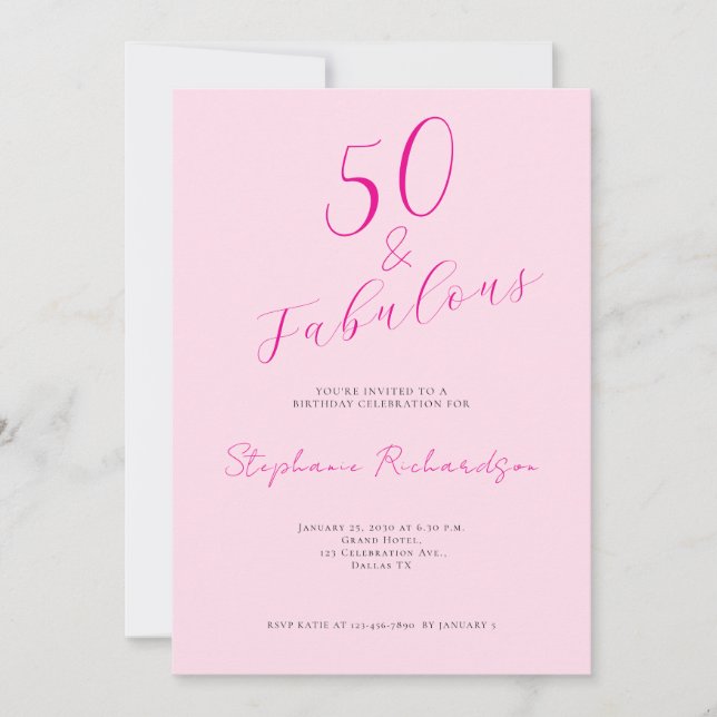 Invitación Pink Script Fifty and Fabulous 50th Birthday Party (Anverso)