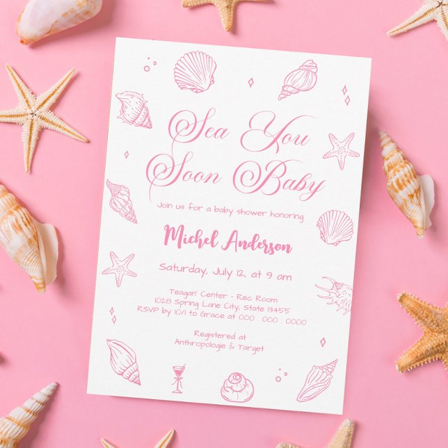 Invitación Pink Sea You Soon Coastal Baby Shower (Subido por el creador)