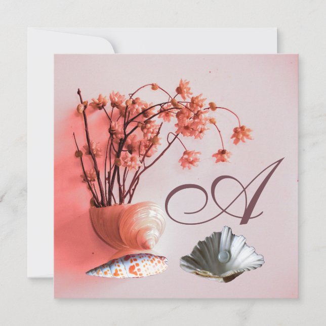 Invitación PINK SEASHELLS,FLOWERS MONOGRAM Beach Wedding (Anverso)