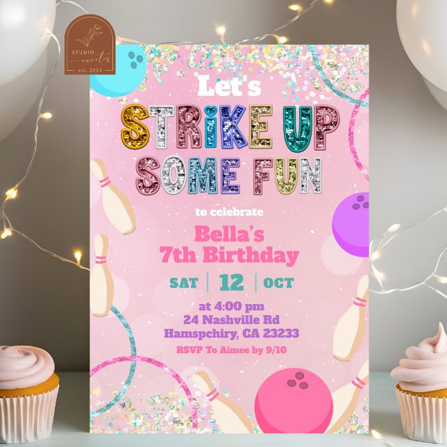 Invitación Pink Sequin Glitter Bowling Party Invitation (Subido por el creador)