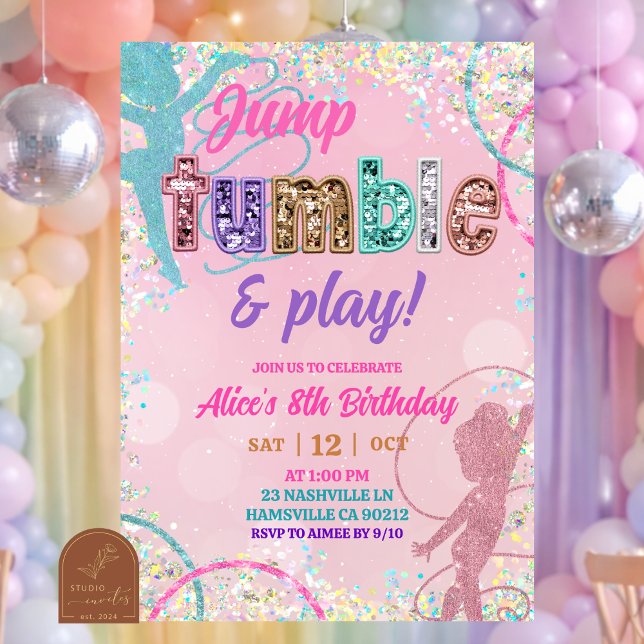 Invitación Pink Sequin glitters gymnastic birthday  (Subido por el creador)