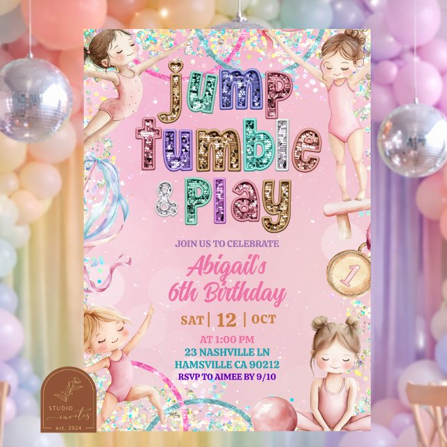 Invitación  Pink Sequin gymnastic girls birthday  (Subido por el creador)